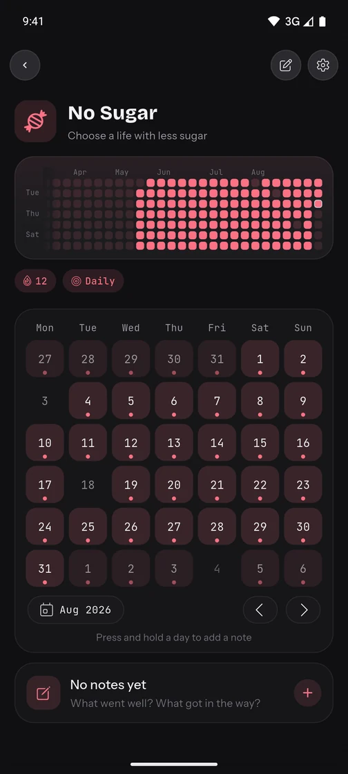 The No Sugar habit records clean days, with a streak and editable calendar.