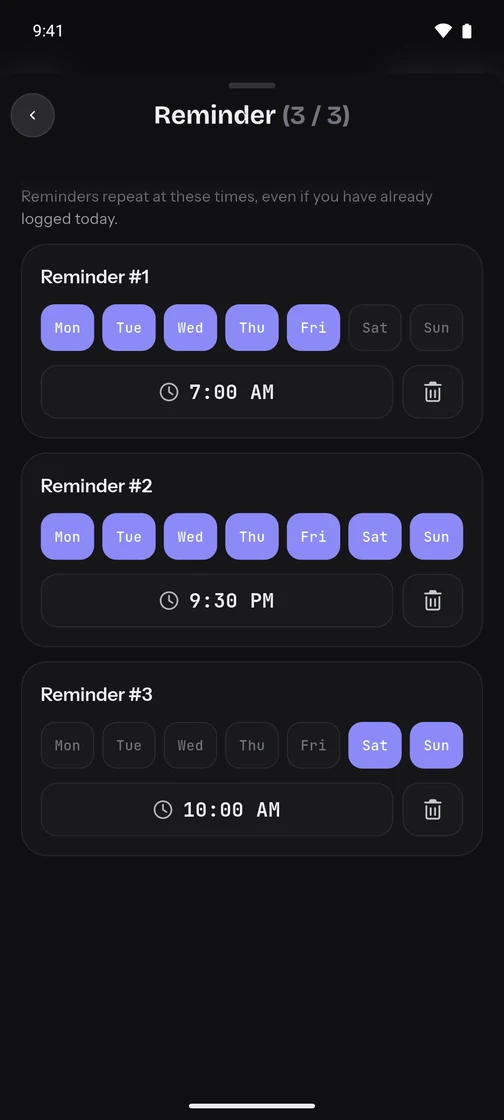 Three daily reminders are scheduled for the Drink Water habit.