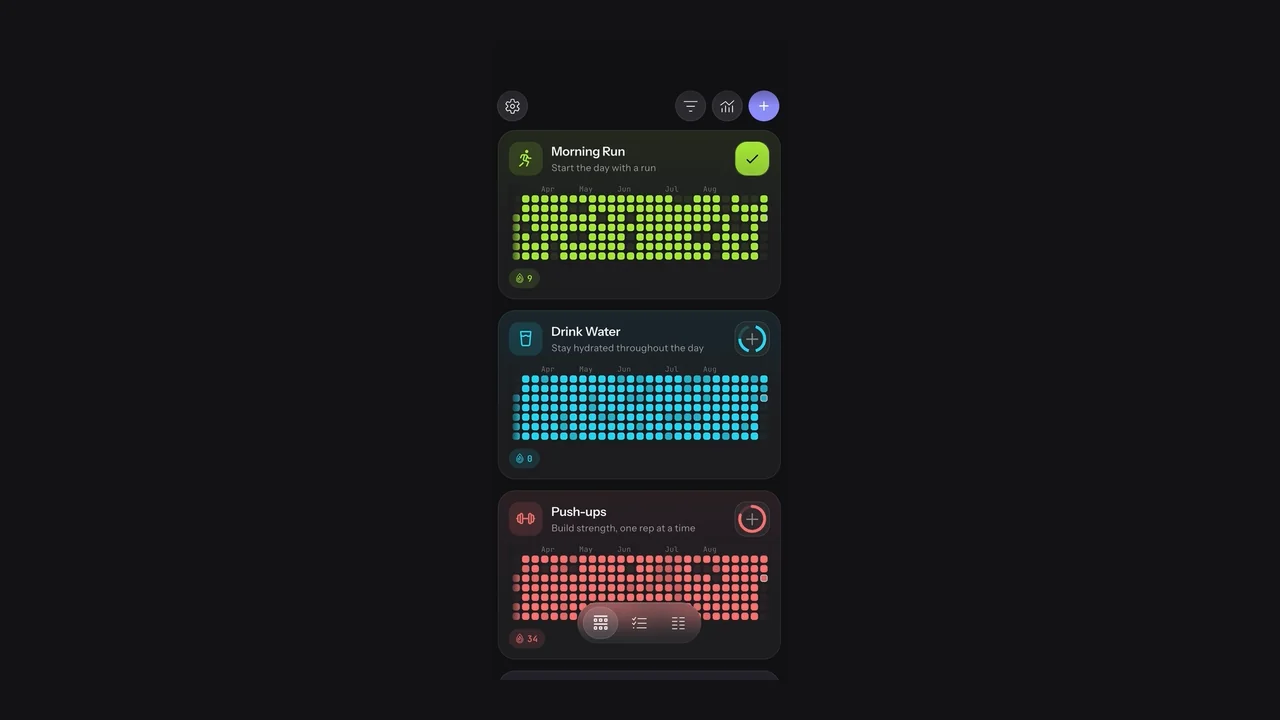 An authentic time-compressed demonstration history fills the habit grid and ends with a check-in. This is demo data, not a claim about user outcomes. Silent, with no added text.