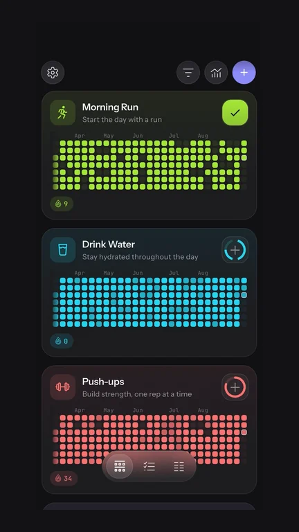 An authentic time-compressed demonstration history fills the habit grid and ends with a check-in. This is demo data, not a claim about user outcomes. Silent, with no added text.