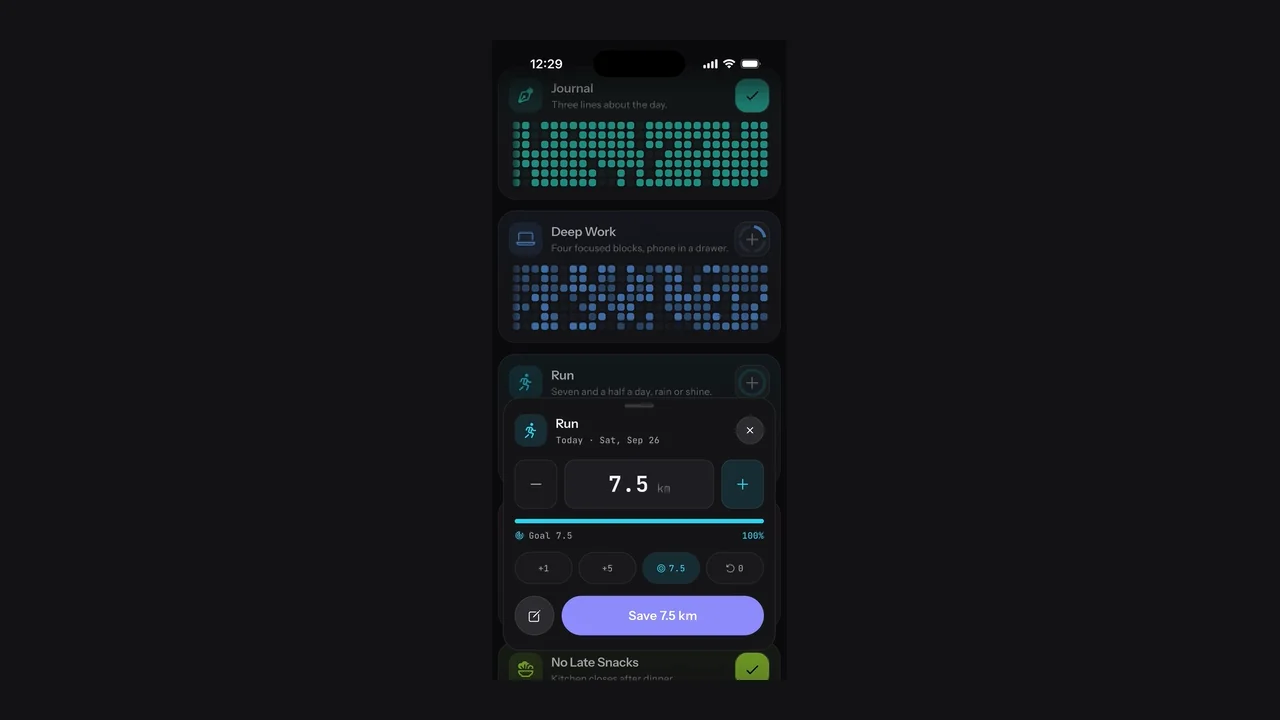 Real app footage shows Yes/No, Count and Measure tracking, then logging 7.5 km with a custom unit. A clean cut joins two recordings. Silent, with no added text.