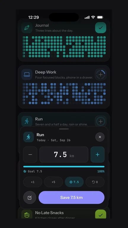 Real app footage shows Yes/No, Count and Measure tracking, then logging 7.5 km with a custom unit. A clean cut joins two recordings. Silent, with no added text.