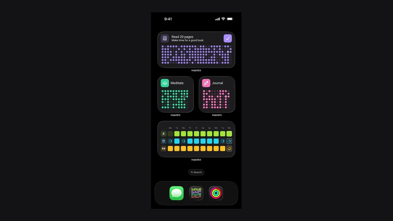 A six-second hold of an approved real iPhone Home Screen capture. This is a still-based shot, with no simulated interaction. Widgets are a Pro feature. Silent, with no added text.