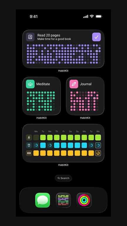 A six-second hold of an approved real iPhone Home Screen capture. This is a still-based shot, with no simulated interaction. Widgets are a Pro feature. Silent, with no added text.