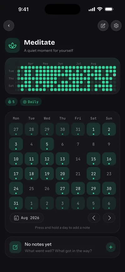The Meditate habit combines its progress grid, streak and calendar on one screen.