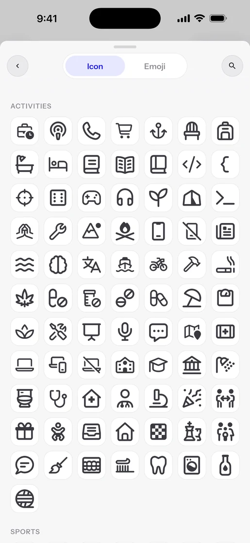 The light-theme icon picker offers symbols and emoji for personalising each habit.