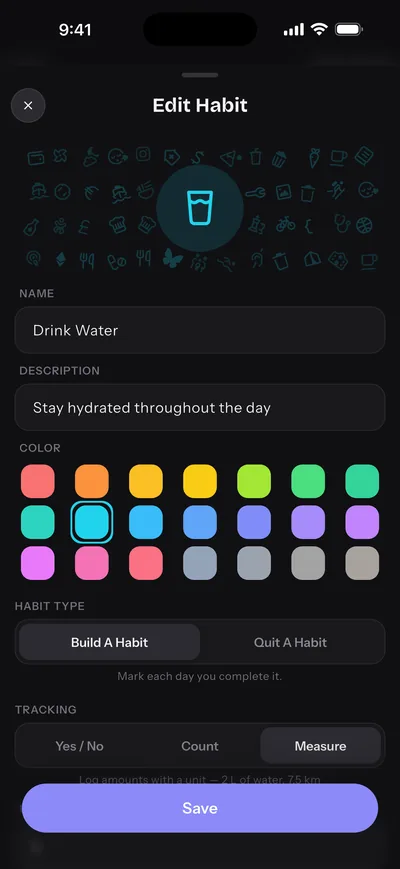 The habit editor provides colours, icons and tracking settings.