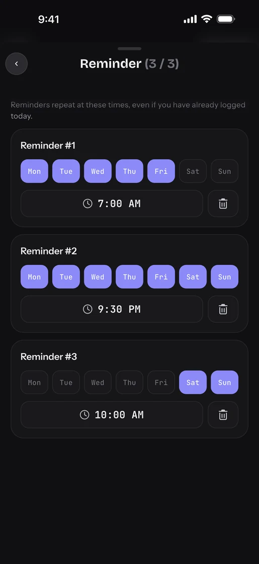 Three daily reminders are scheduled for the Drink Water habit.