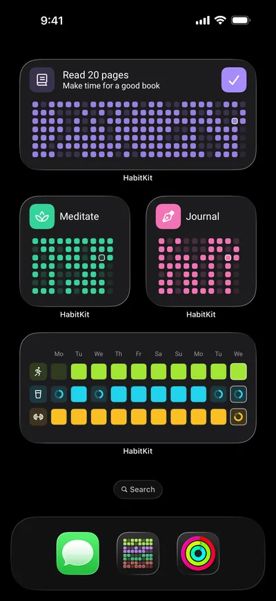 Real iPhone home screen widgets show Read, Meditate, Journal and a compact group of habits.