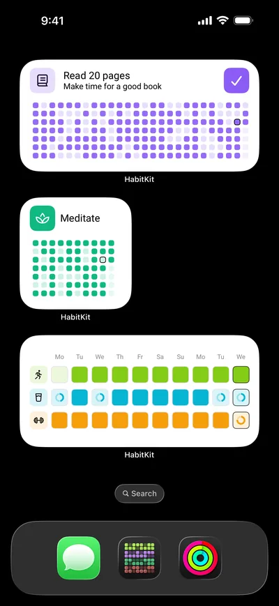 Real iPhone home screen widgets in the light widget theme: Read, Meditate and a compact group of habits.